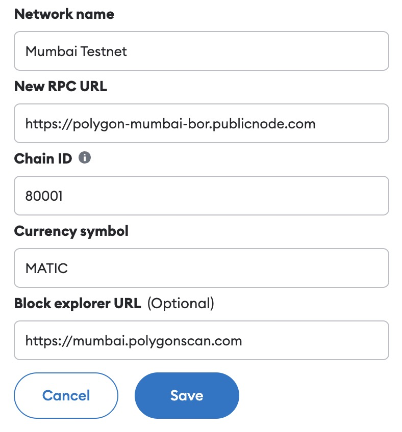 Populate Mumbai Testnet Information on MetaMask