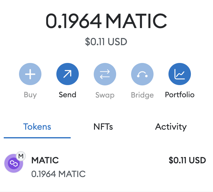 MetaMask wallet with MATIC balance